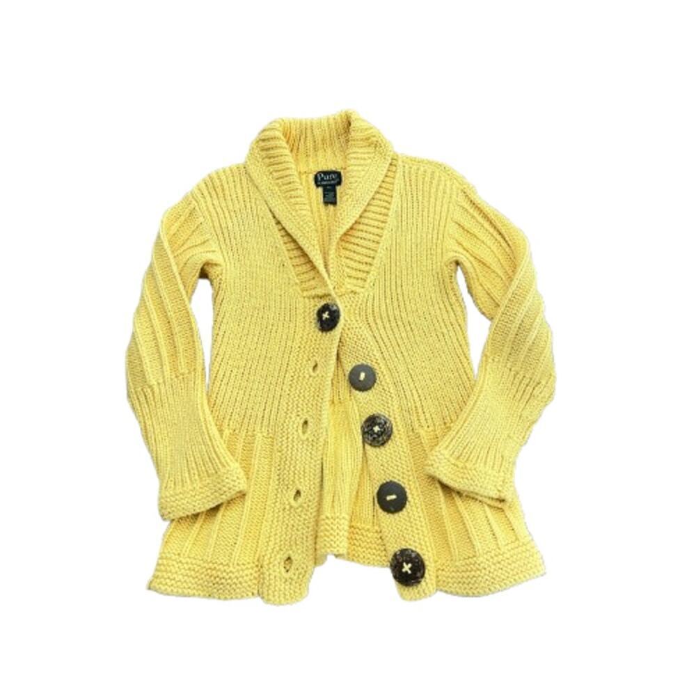 Pure Handknit Women's Yellow 100% Cotton chunky Cardigan Sweater Size M/L